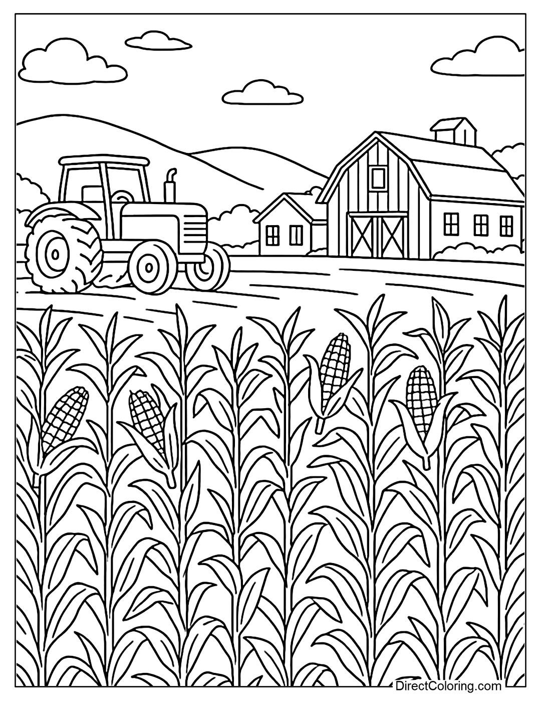 Cornfield, tractor, barn, and cottage coloring page.